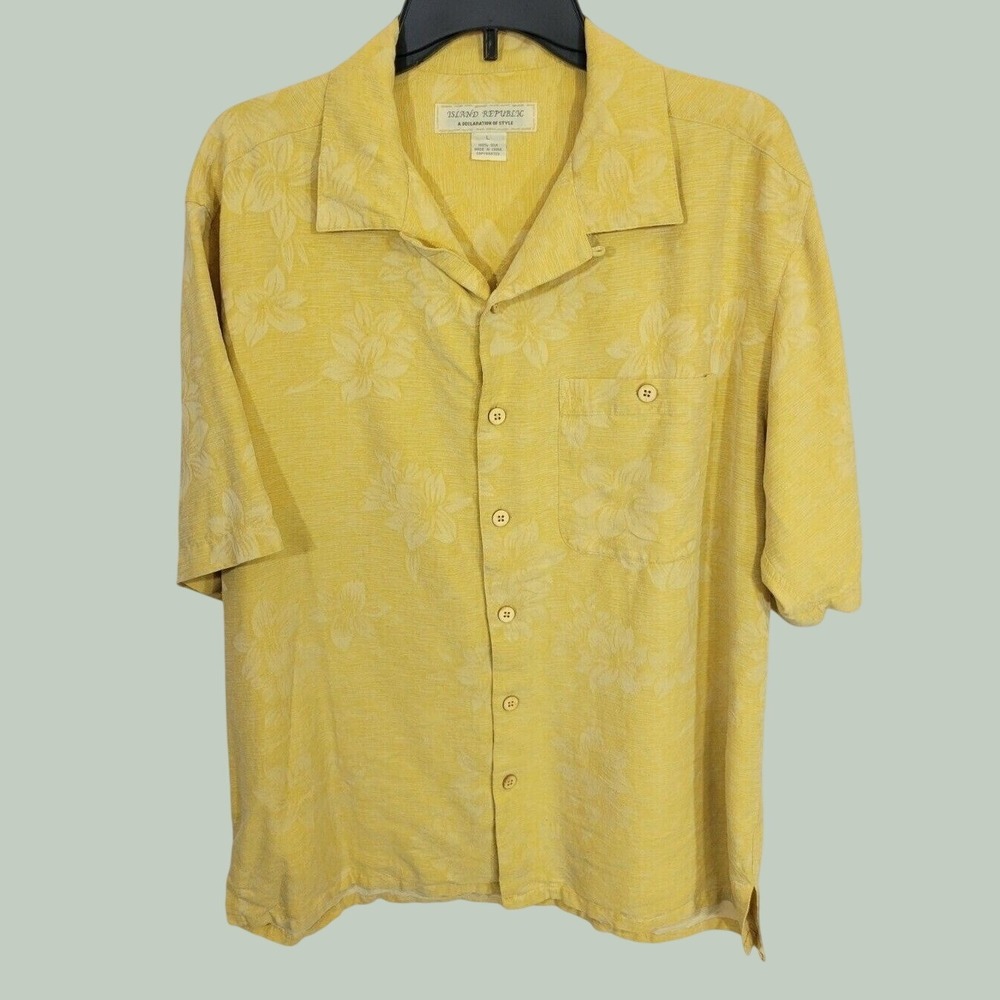 Island Republic 100% Silk Shirt Tropical Hawaiian Beach Aloha Yellow Large